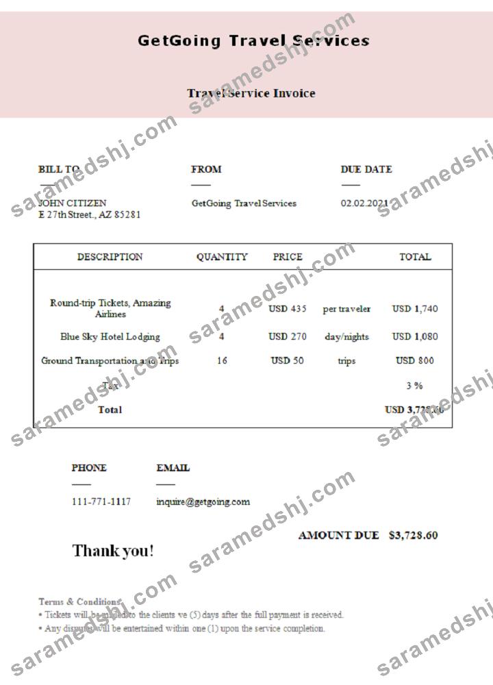 USA GetGoing Travel Services invoice